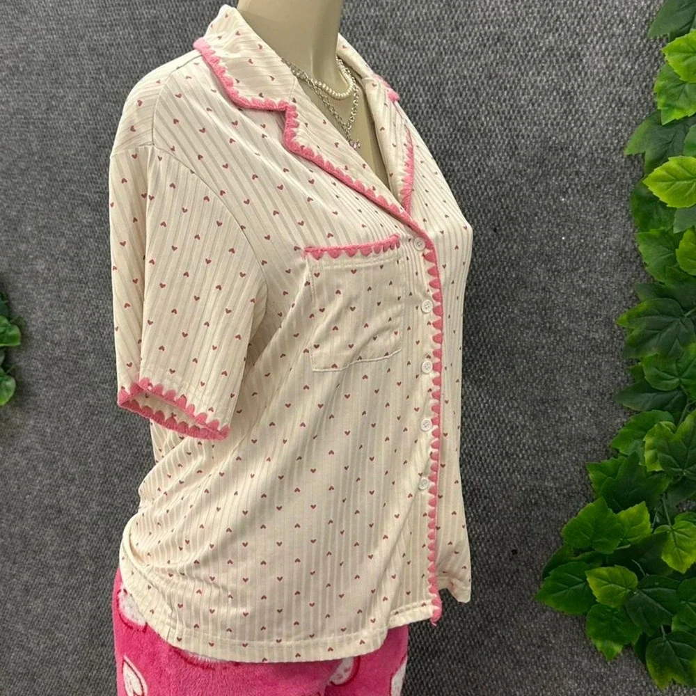 Coquette Pink Heart Ribbed Button Up Pajama Sleep Shirt Women's